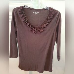 Cato's Chocolate Ruffle V-Neck Fitted Silhouette Knit Top w 3/4 sleaves.